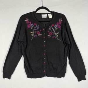 Vtg 90s Y2K Floral Embroidered Beaded Cardigan Sweater PL Black Grandmacore EUC